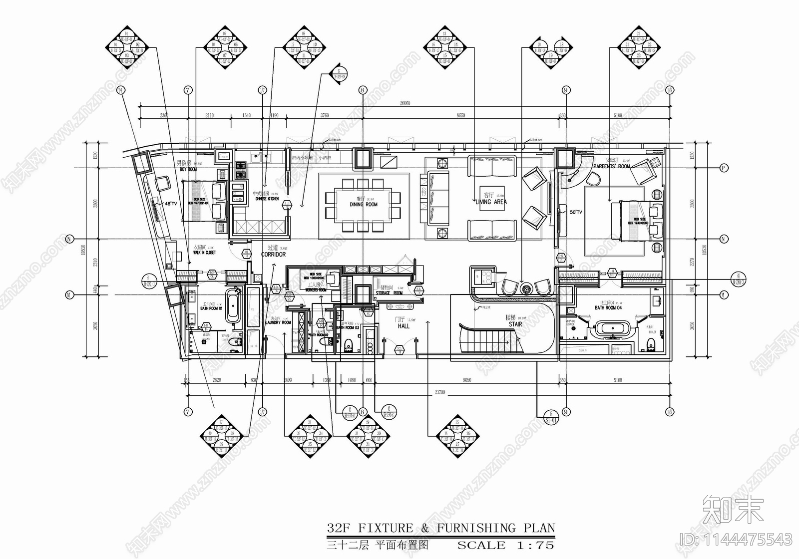 500㎡复式别墅室内cad施工图下载【ID:1144475543】