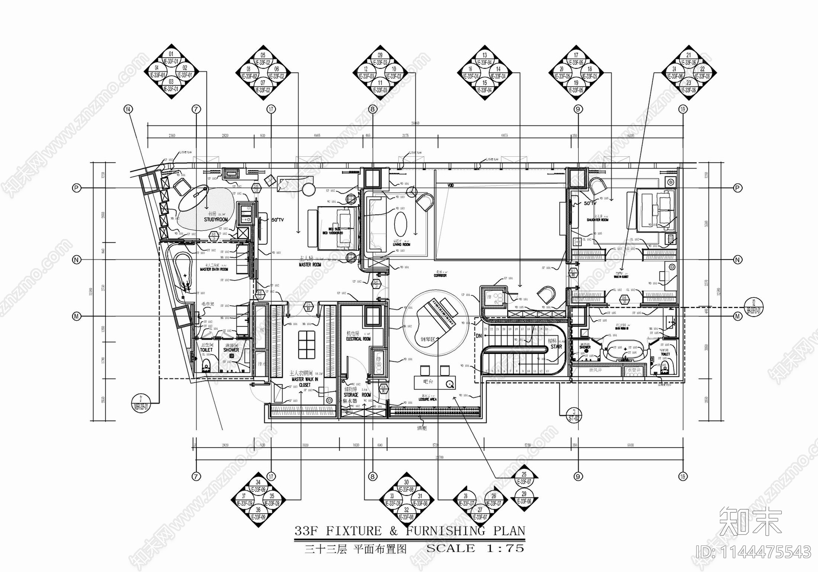 500㎡复式别墅室内cad施工图下载【ID:1144475543】