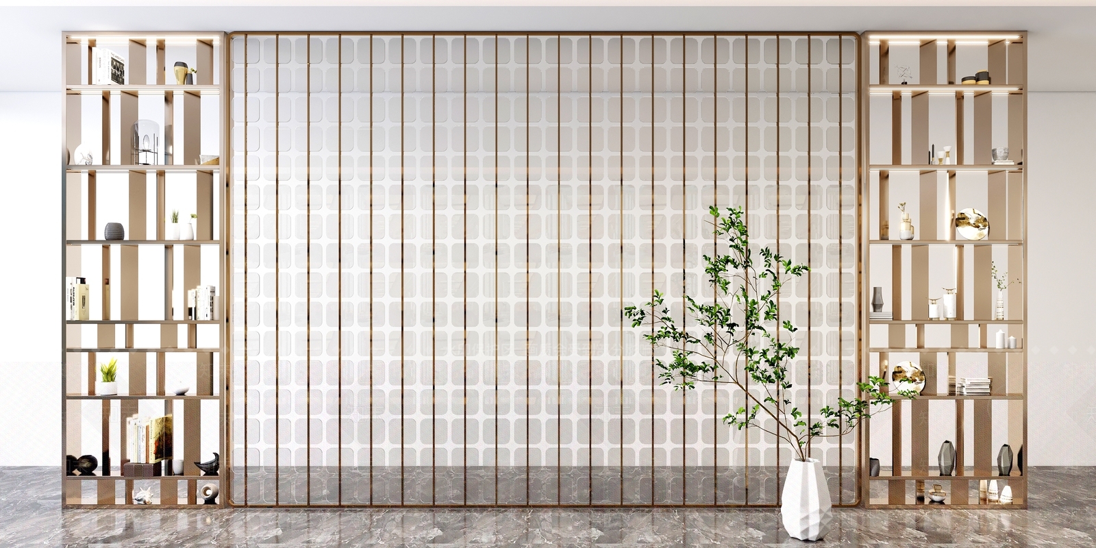 隔断新中式玄关不锈钢金属隔断屏风花格雕花3D模型下载【ID:1144488162】