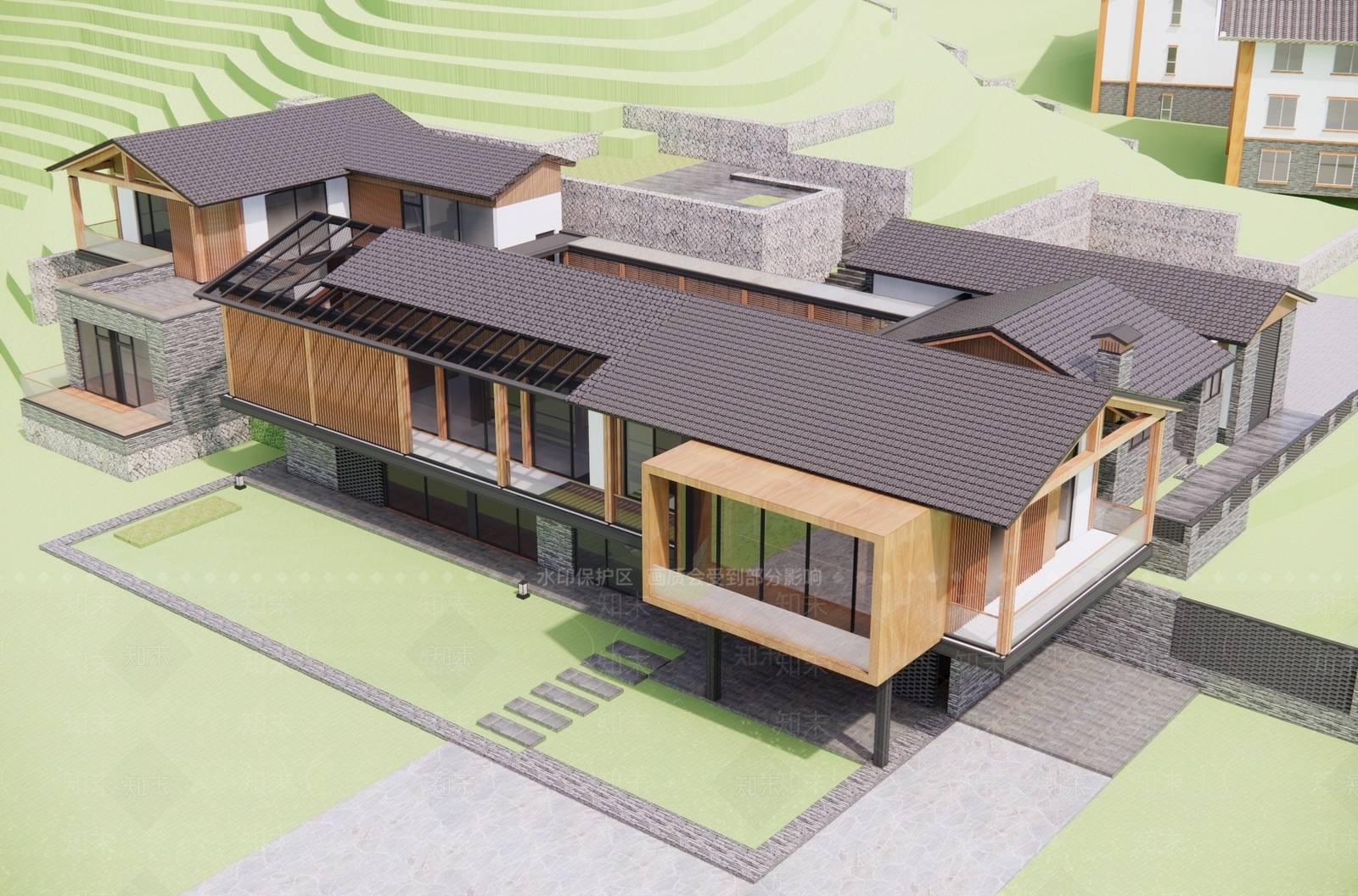 新中式民宿建筑SU模型精品下载_SketchUp模型_知末网