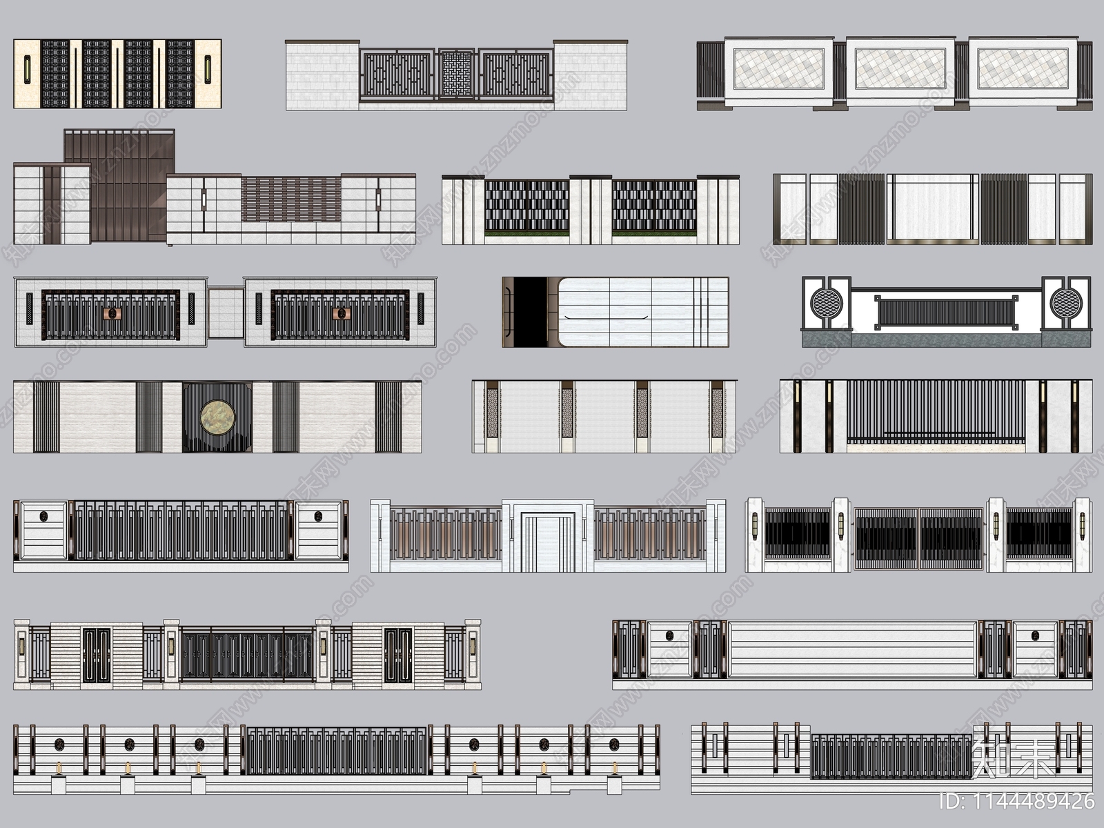 新中式石材格栅景观围墙围挡SU模型下载【ID:1144489426】