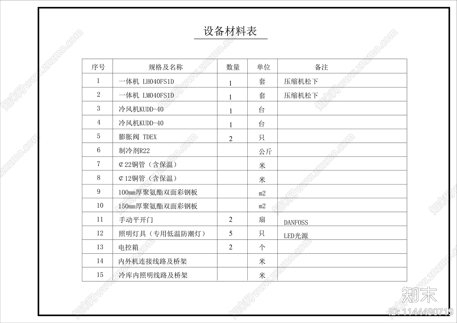 冷库装饰装修空调设计说明设备材料表cad施工图下载【ID:1144490719】
