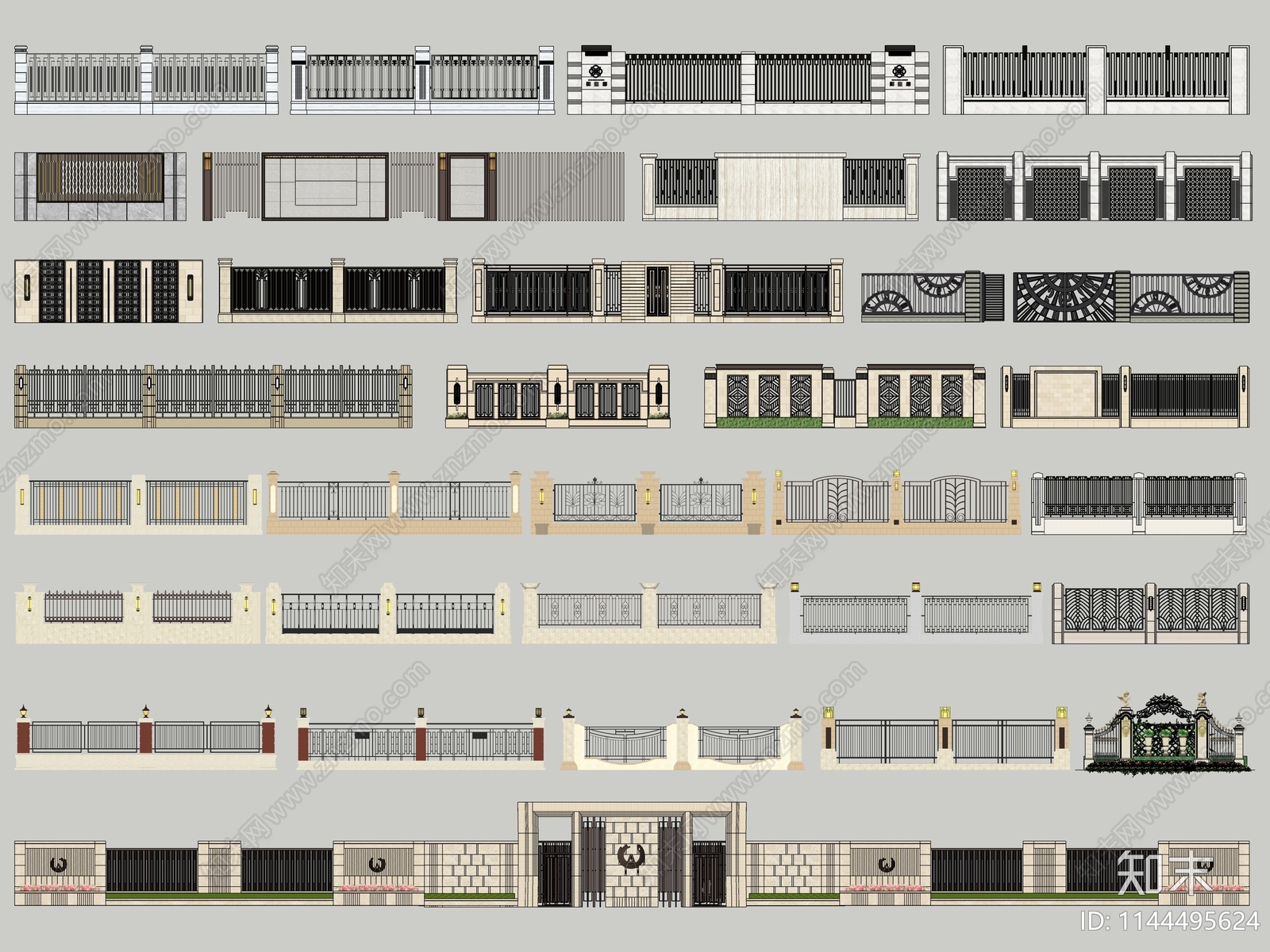 欧式新亚洲石材铁艺景观围墙挡墙SU模型下载【ID:1144495624】