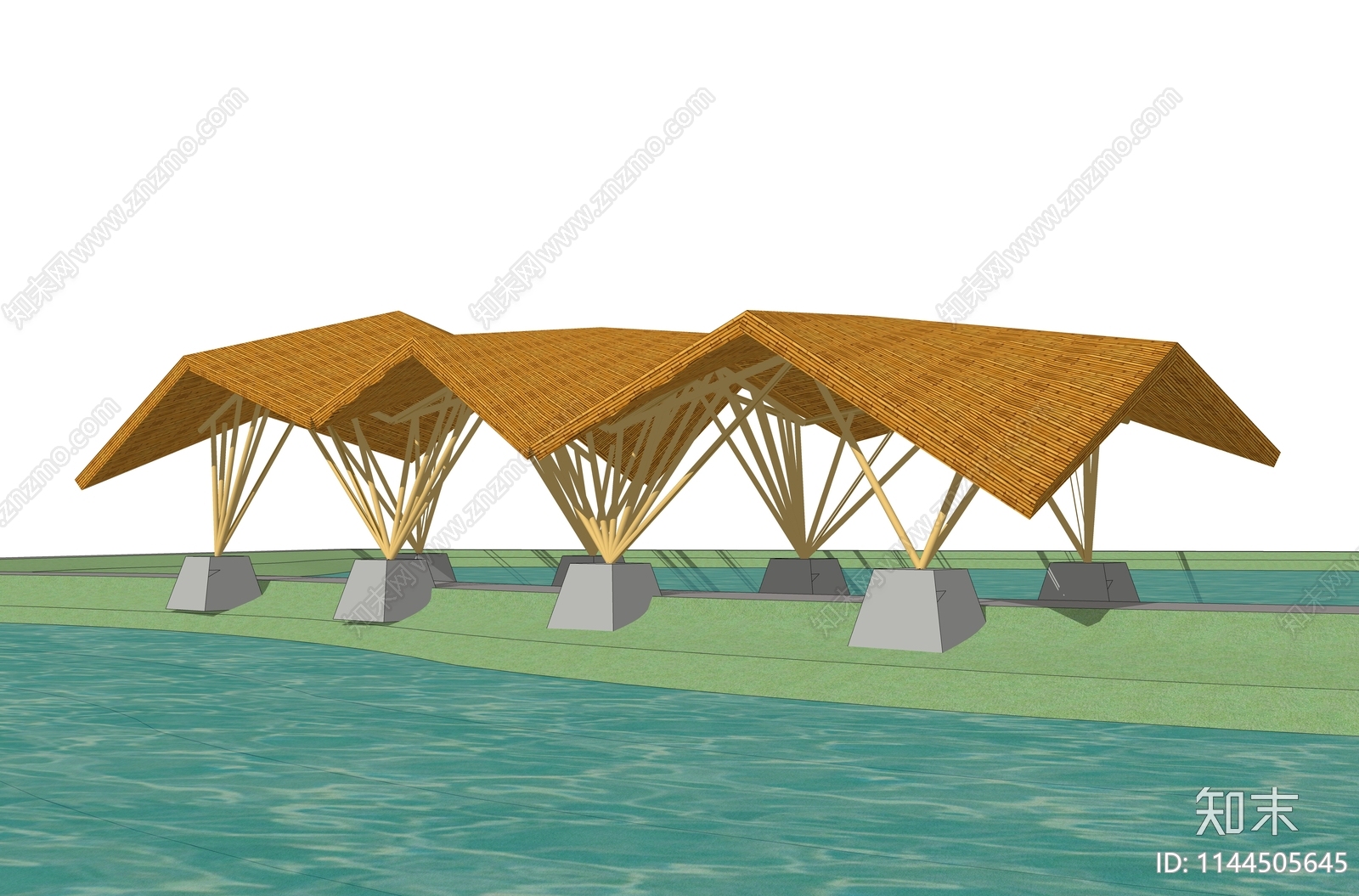 现代造型竹构廊架SU模型下载【ID:1144505645】