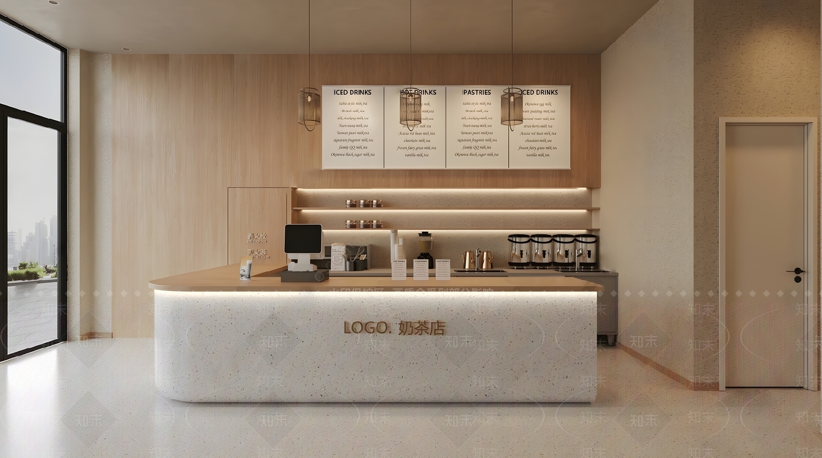现代奶油原木风奶茶店SU模型下载【ID:1144506690】