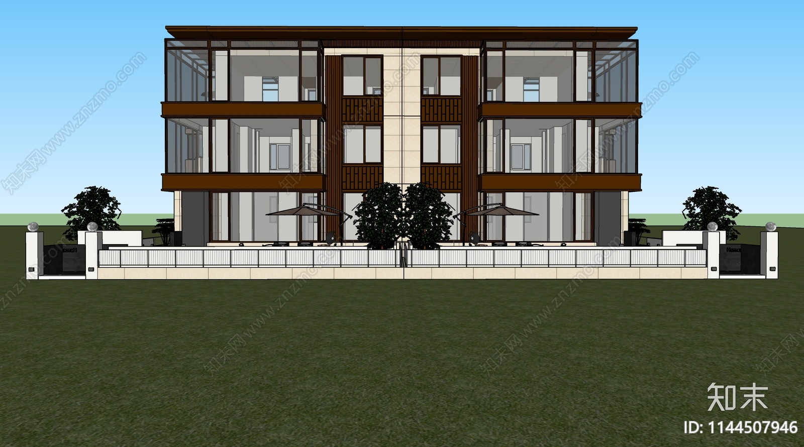 新中式联排别墅SU模型下载【ID:1144507946】_知末su模型网