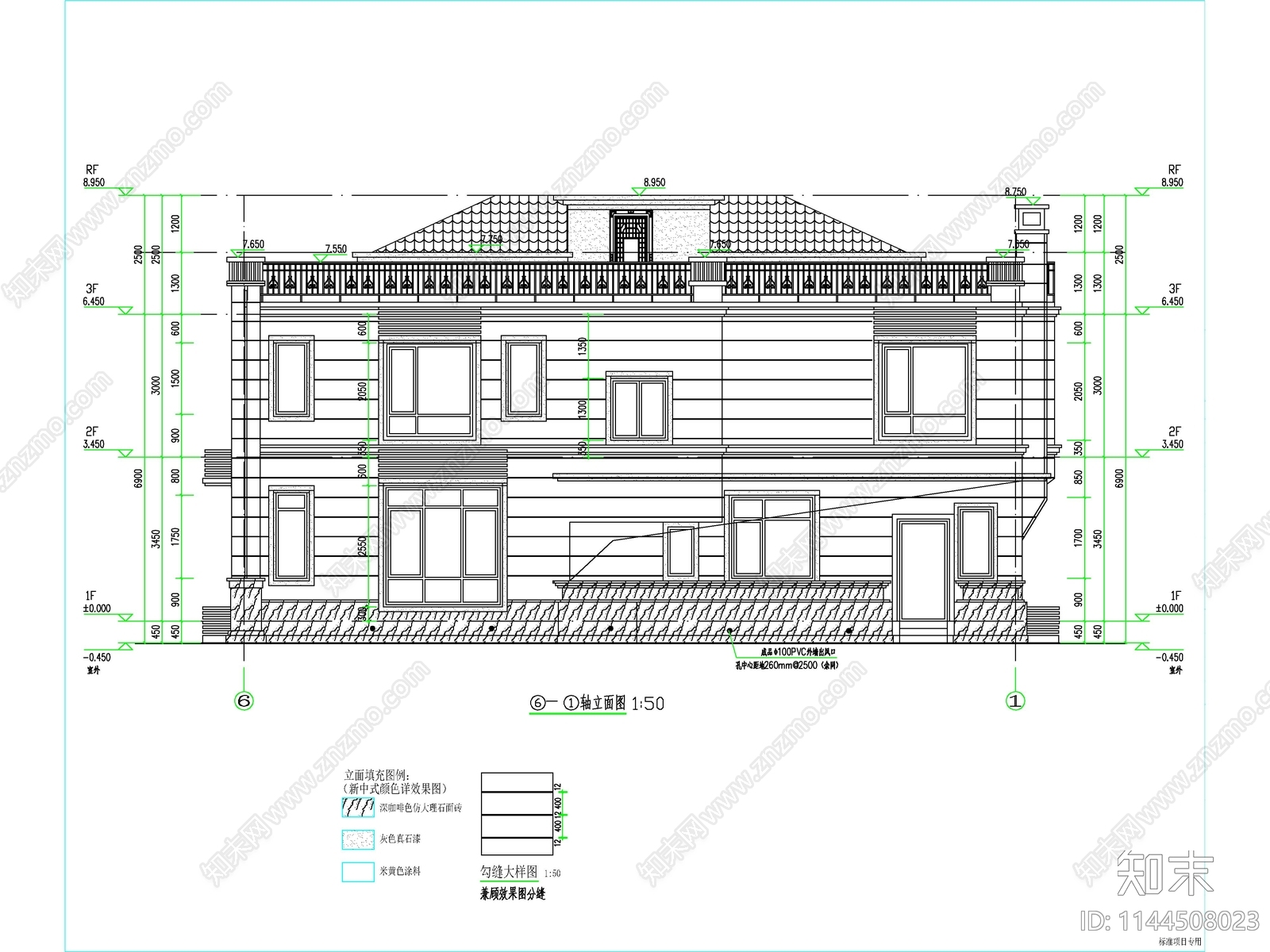 新中式两层独栋别墅建筑施工图下载【ID:1144508023】