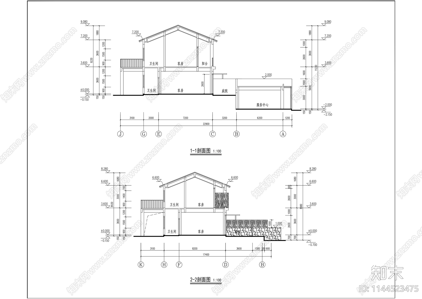 美丽乡村民宿建筑cad施工图下载【ID:1144523475】