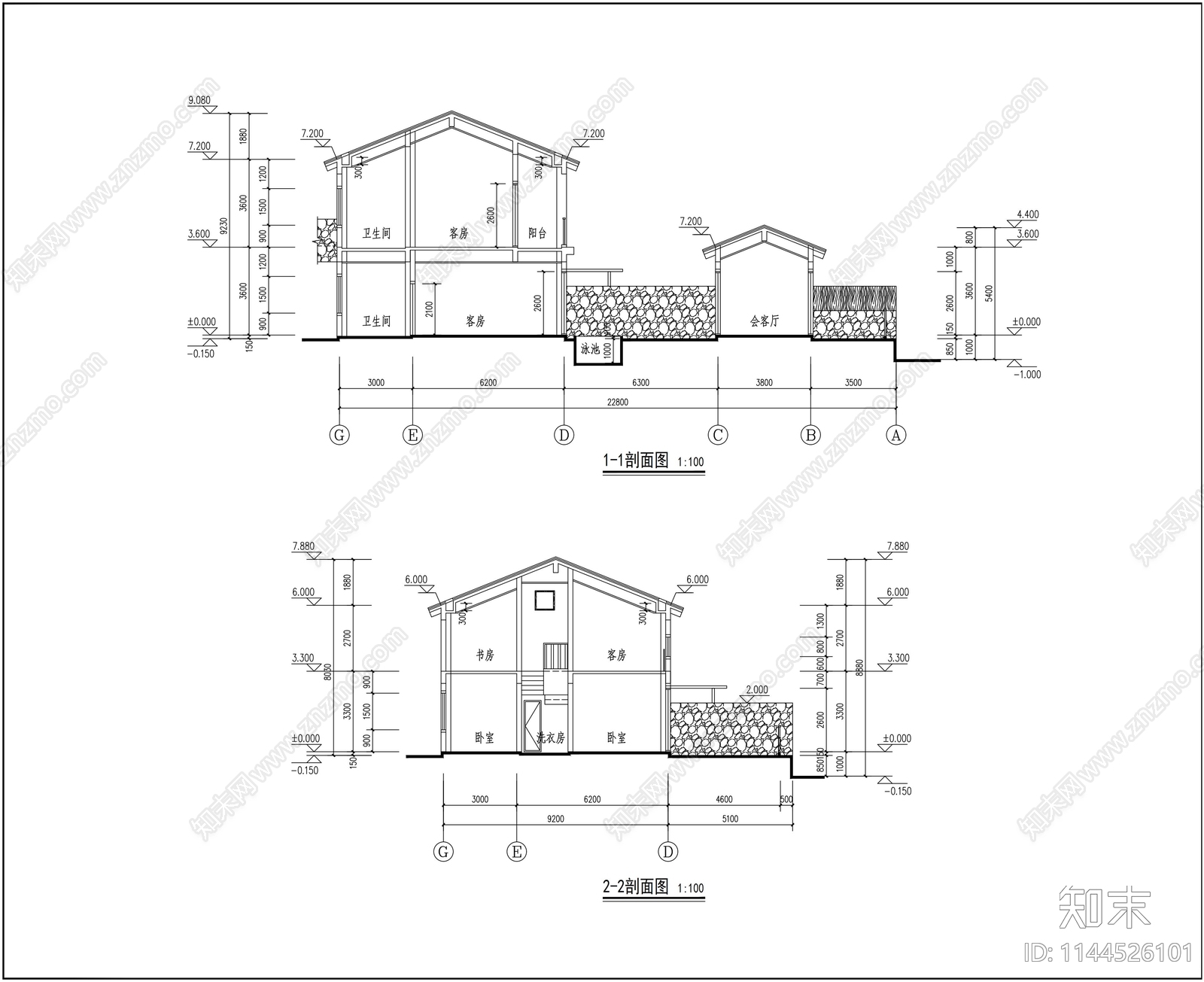 美丽乡村民宿建筑cad施工图下载【ID:1144526101】