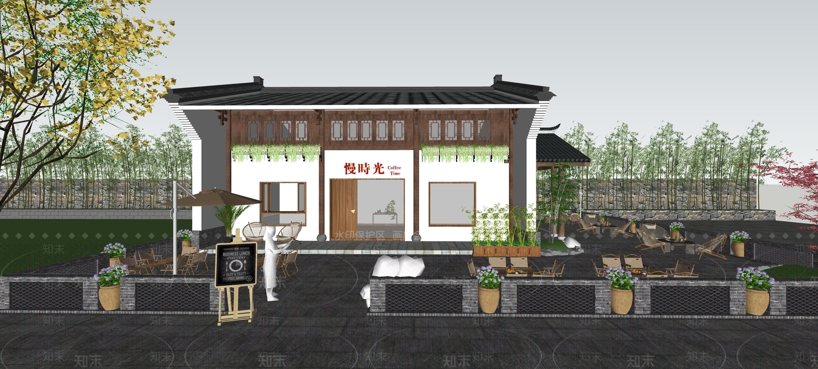 新中式餐饮建筑SU模型下载【ID:1144533175】