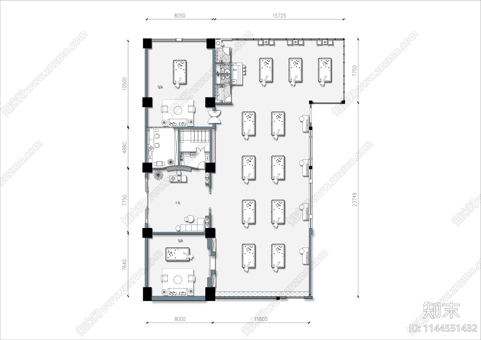 700㎡台球室平面布置图施工图下载【ID:1144551432】