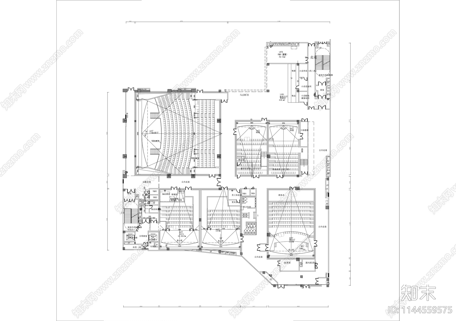 4000㎡电影院平面布置图cad施工图下载【ID:1144559575】