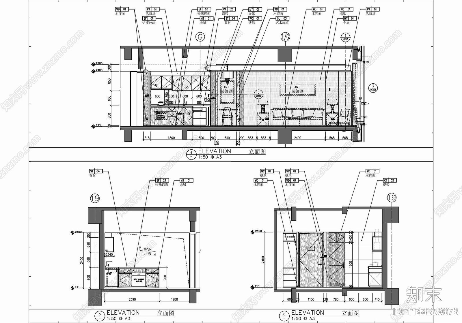 45㎡家装公寓室内cad施工图下载【ID:1144559873】