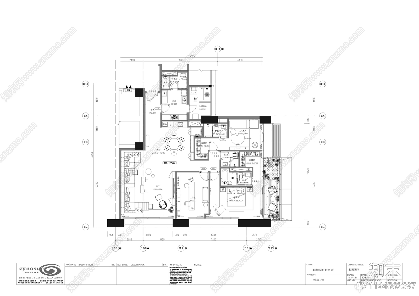 平层家装样板间全套cad施工图下载【ID:1144562697】