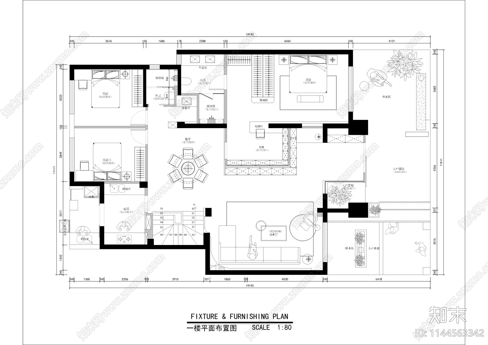 现代平层家装样板间全套cad施工图下载【ID:1144563342】