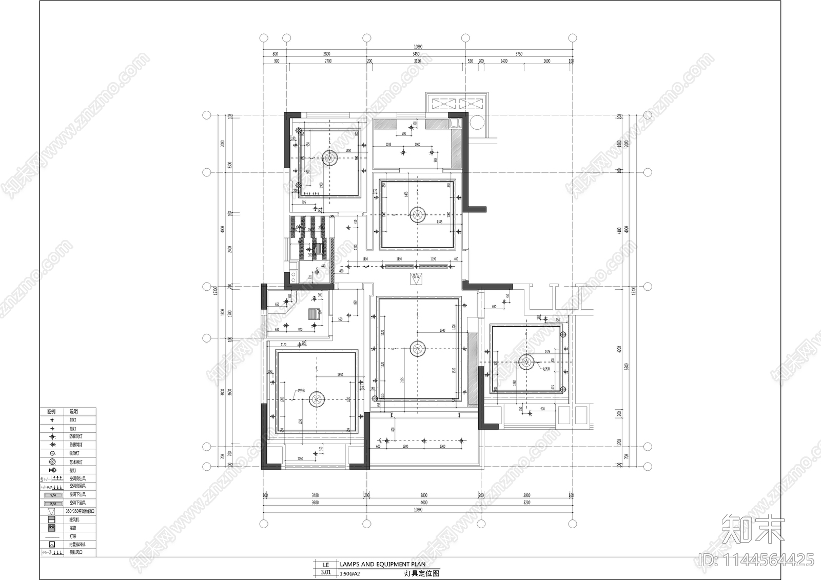 现代轻奢平层样板房室内cad施工图下载【ID:1144564425】