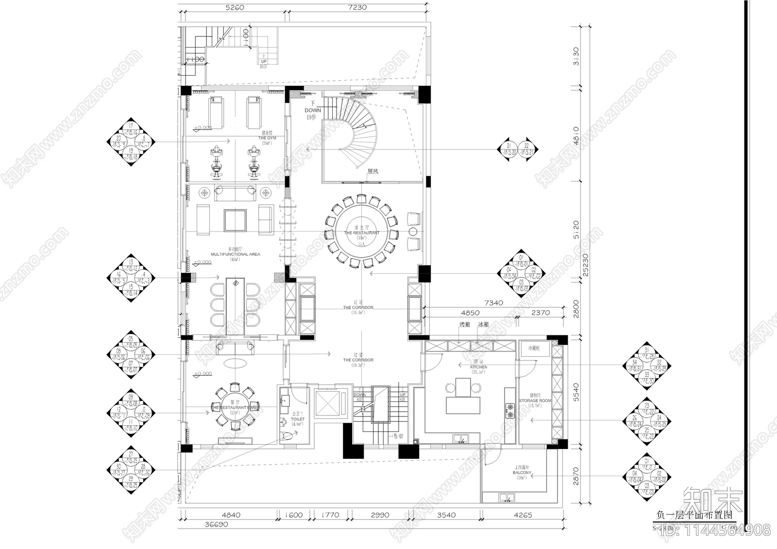 天鹅湖新中式别墅室内全套cad施工图下载【ID:1144564908】