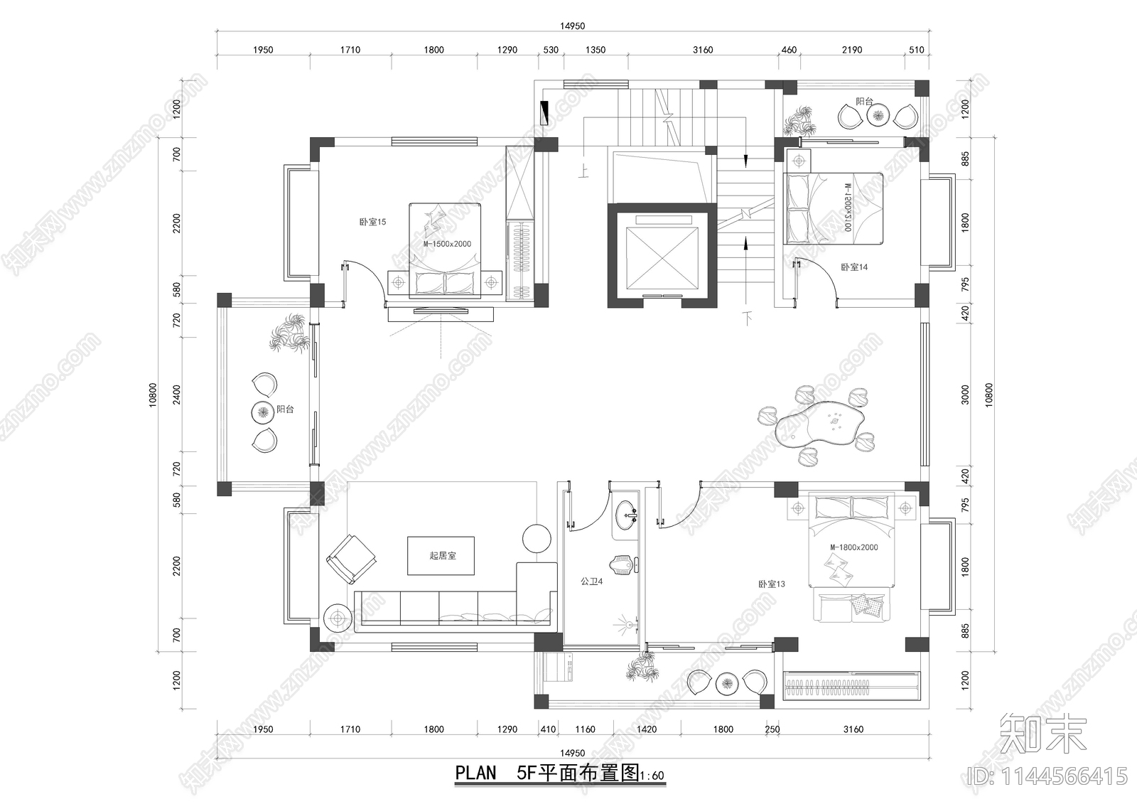 五层新中式别墅室内cad施工图下载【ID:1144566415】