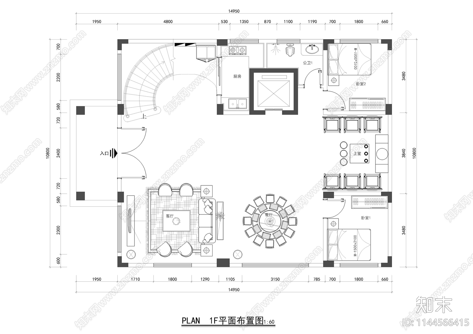 五层新中式别墅室内cad施工图下载【ID:1144566415】