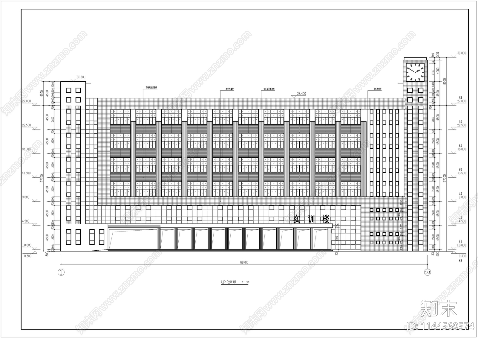 职业学校实训楼建筑cad施工图下载【ID:1144569574】