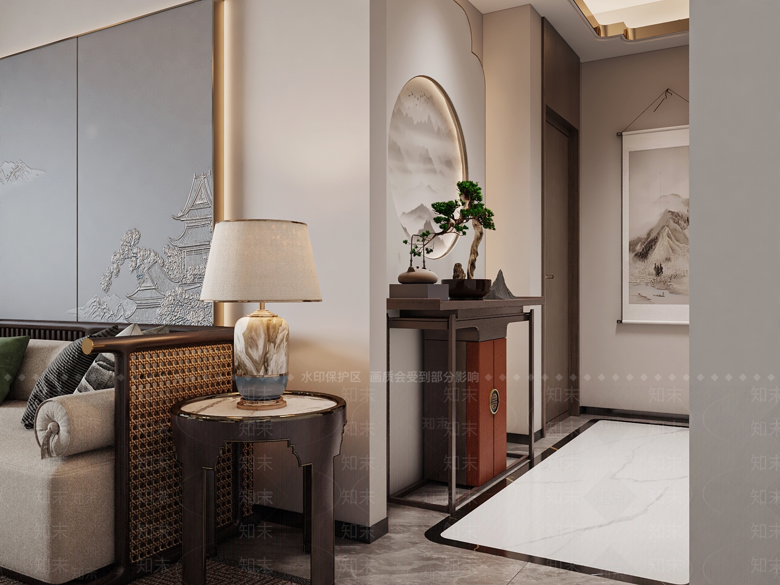 新中式风格家居入户玄关3D模型下载【ID:1144571579】_知末3d模型网