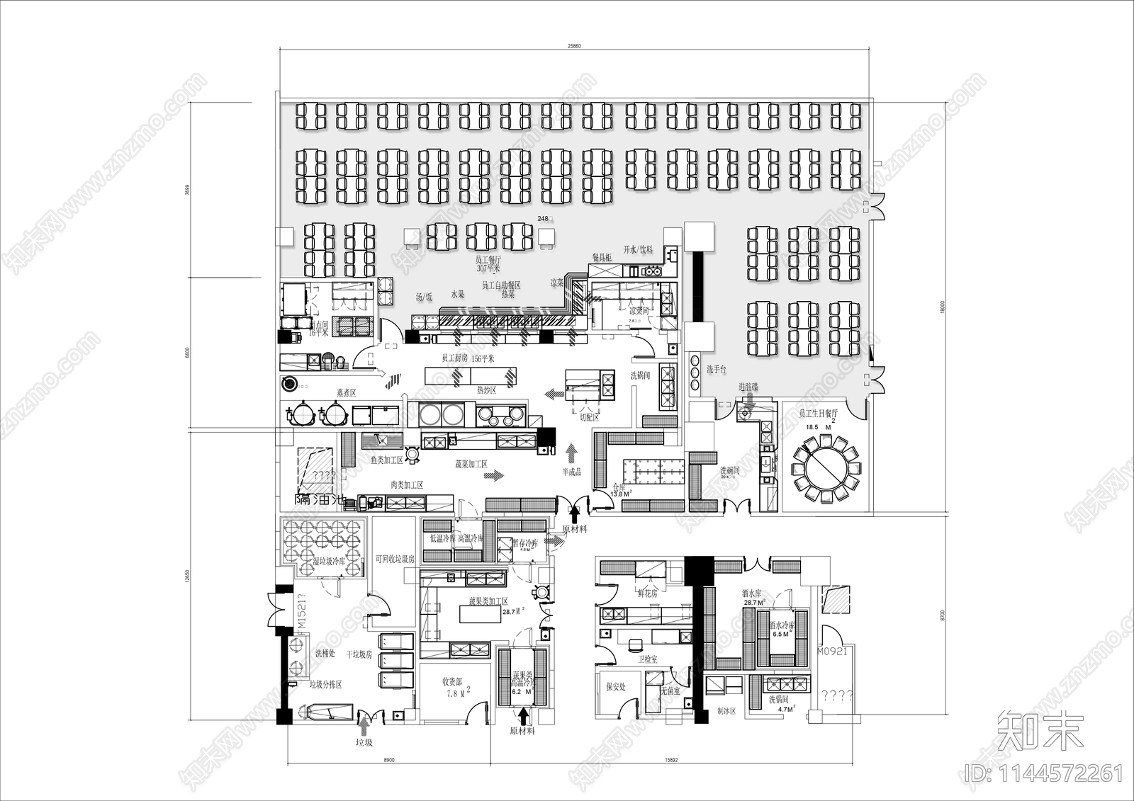 700㎡员工食堂平面布置图cad施工图下载【ID:1144572261】