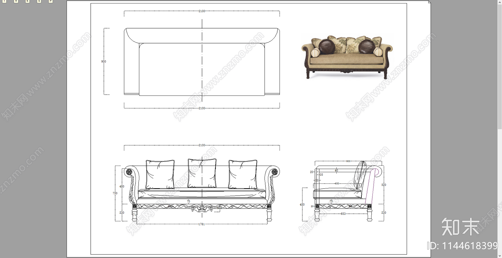 欧式体沙发三视图施工图下载【ID:1144618399】