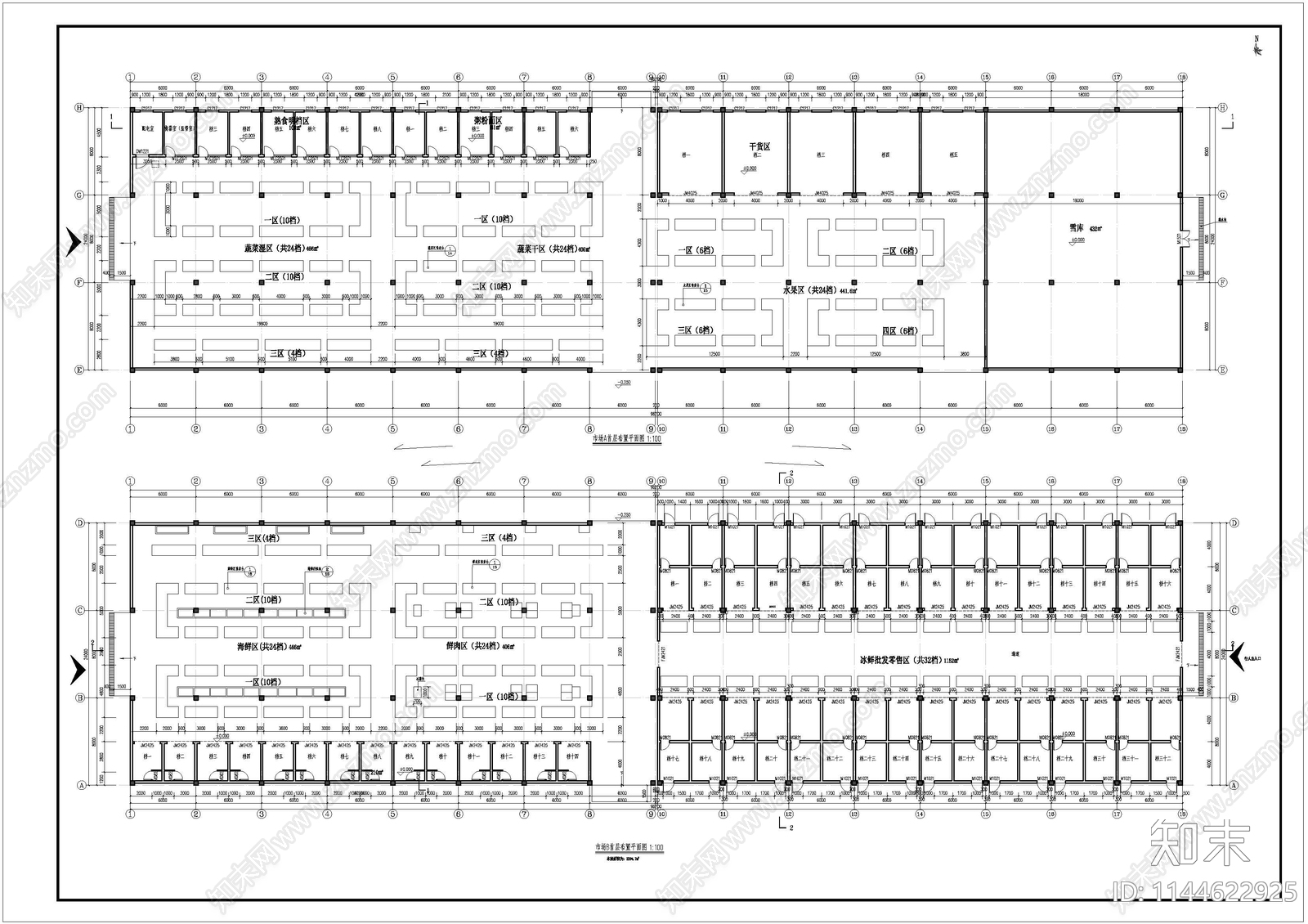 农贸市建筑cad施工图下载【ID:1144622925】