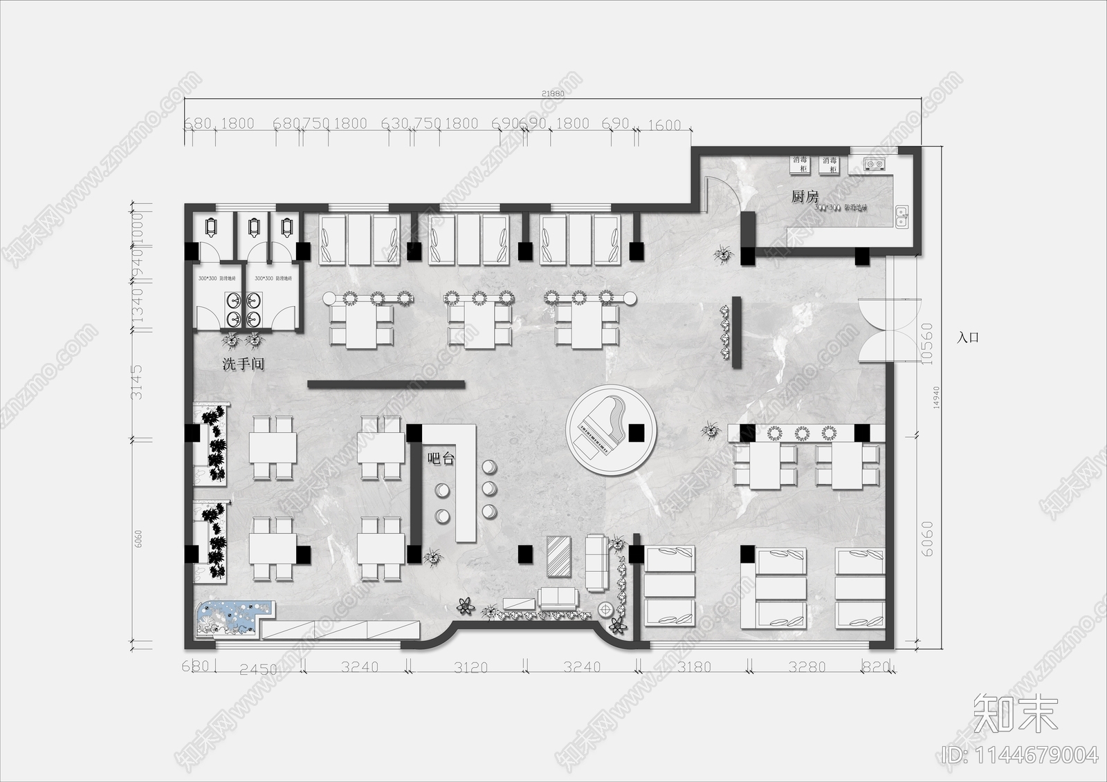 300㎡餐厅平面布置图施工图下载【ID:1144679004】