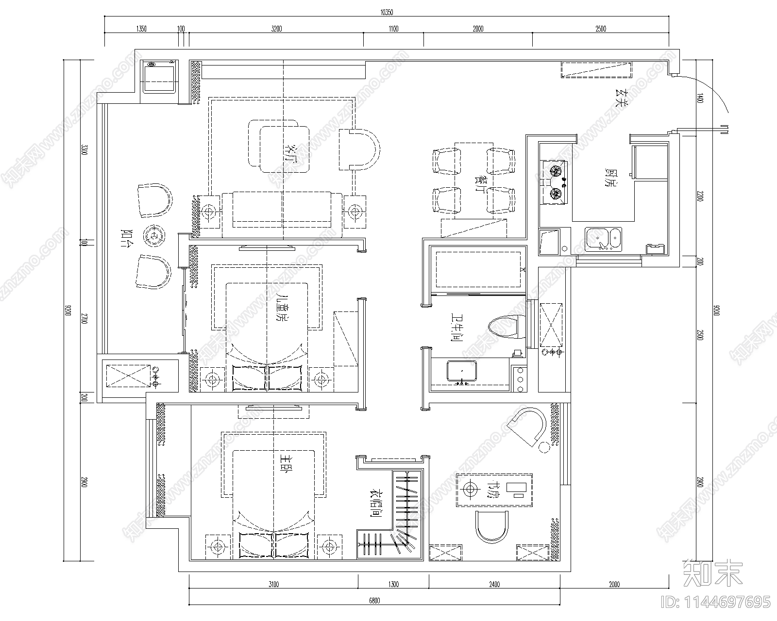 88平平层样板间室内cad施工图下载【ID:1144697695】