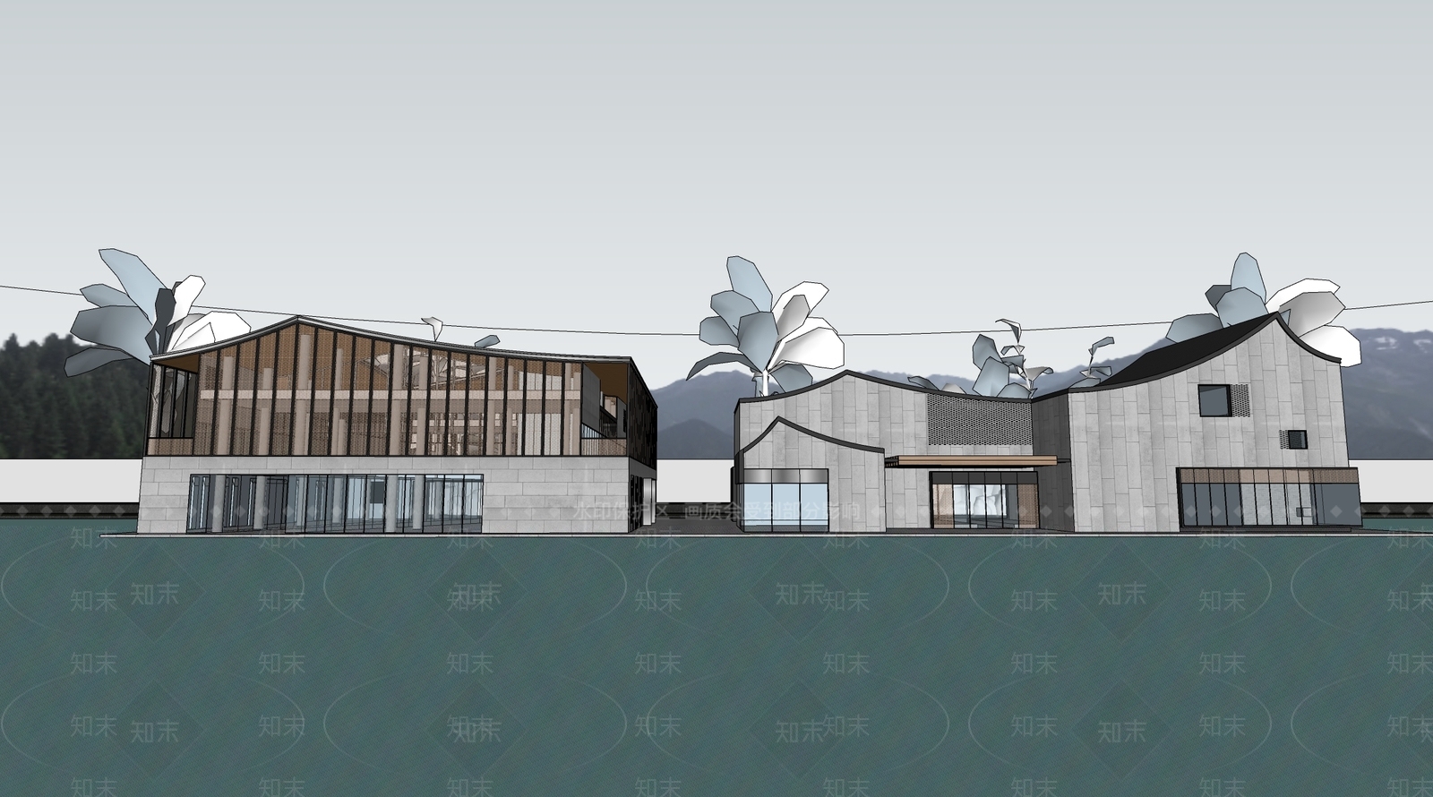 新中式展览馆建筑SU模型下载【ID:1144701951】