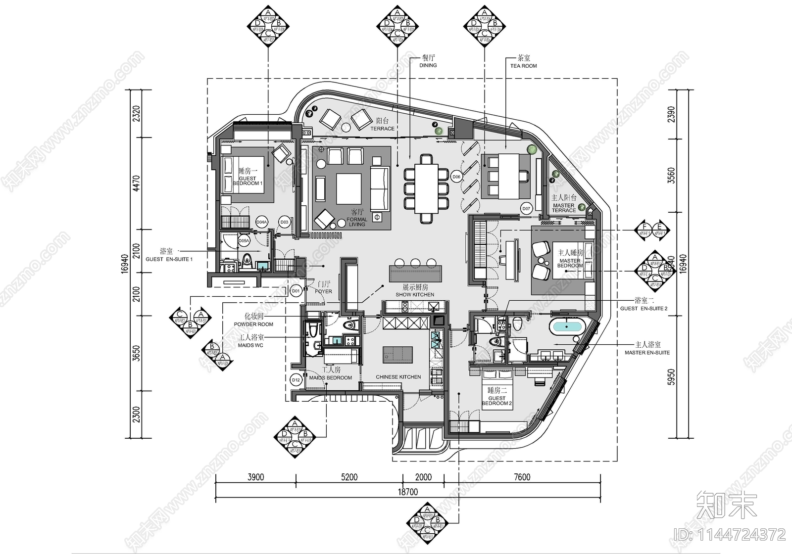 230㎡四居室家装大平层室内cad施工图下载【ID:1144724372】