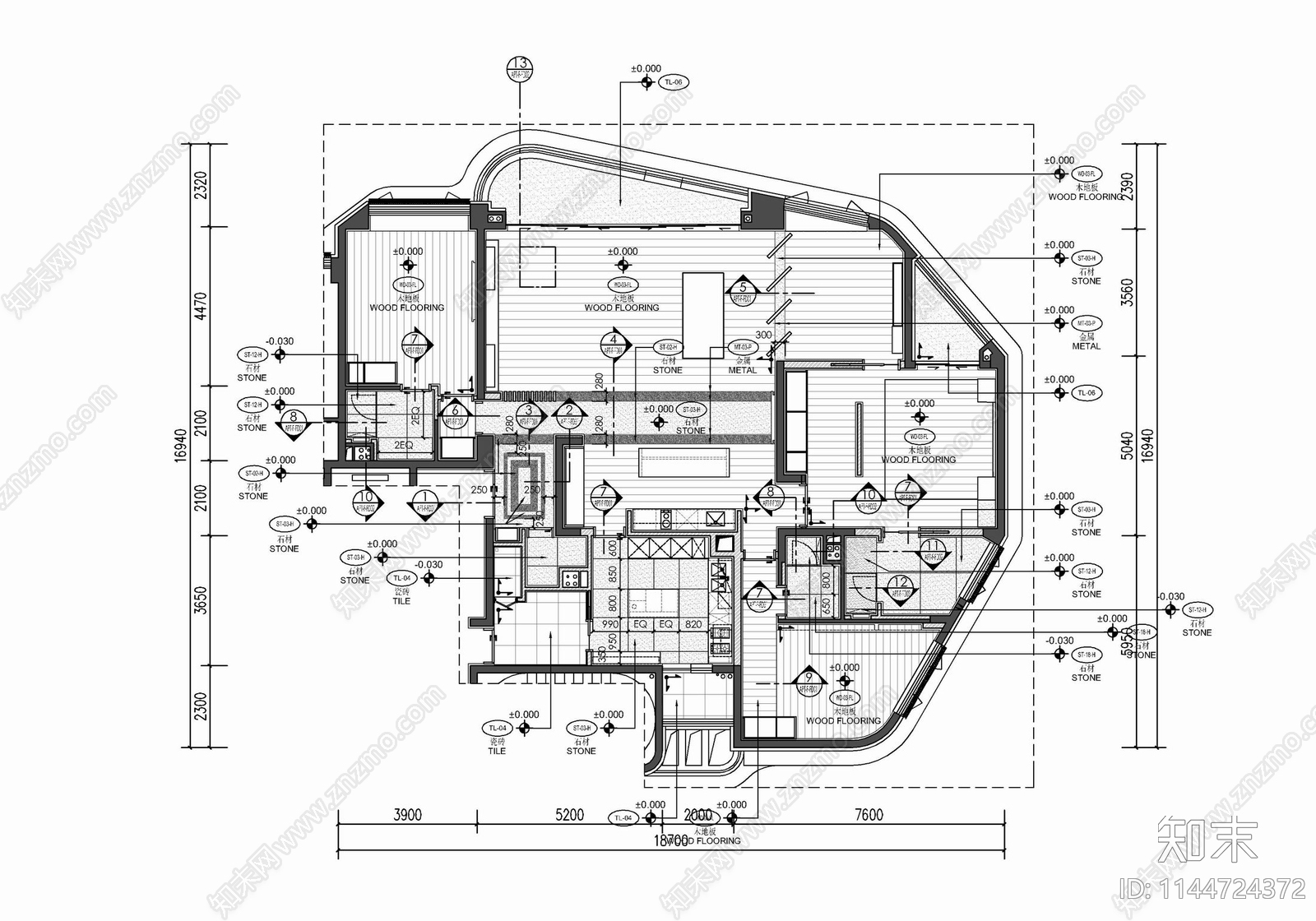 230㎡四居室家装大平层室内cad施工图下载【ID:1144724372】