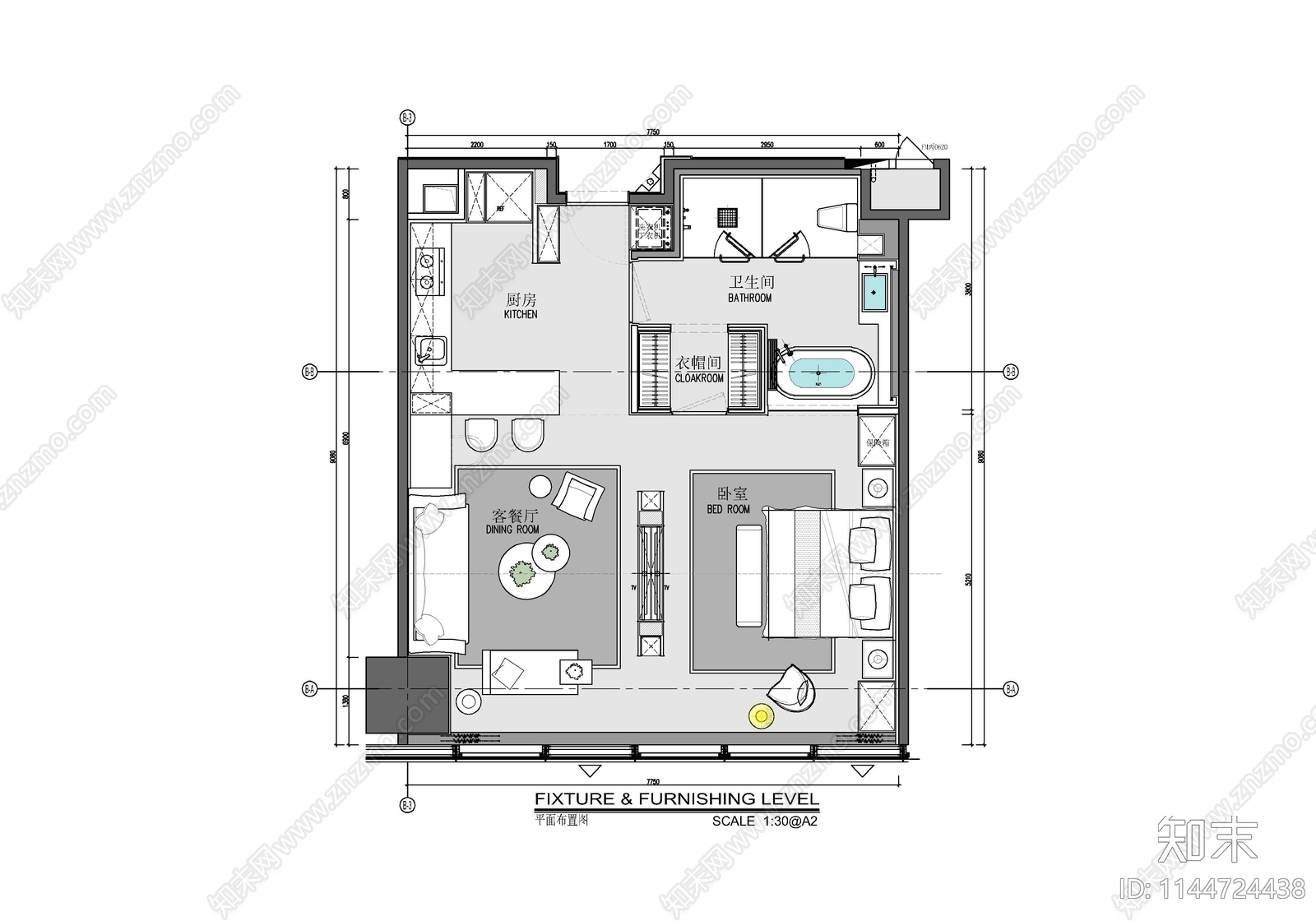 75㎡公寓样板间室内施工图下载【ID:1144724438】