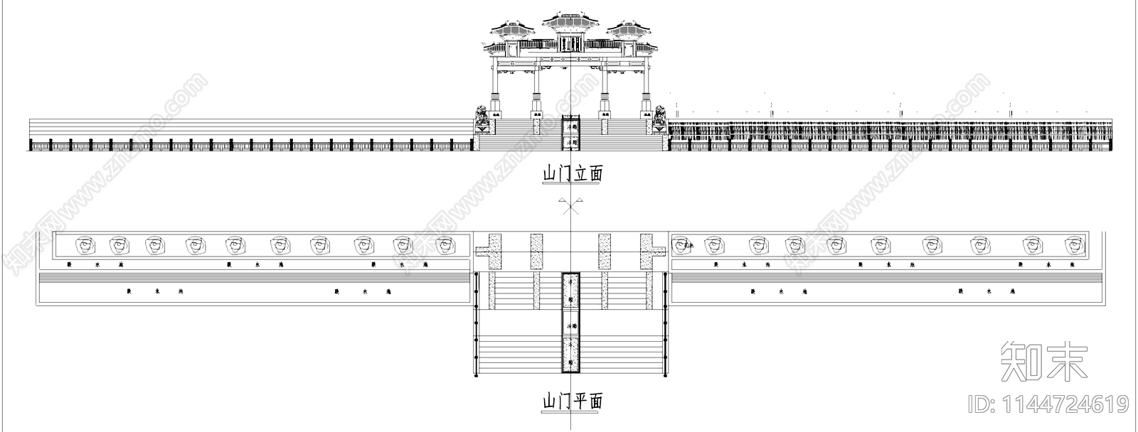 中式寒山陵园山门牌坊牌楼古建筑cad施工图下载【ID:1144724619】