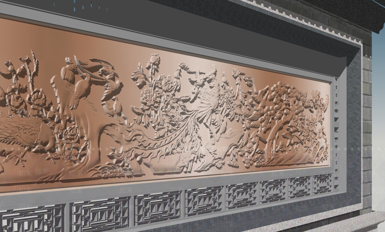 现代百鸟朝凤浮雕景墙SU模型下载【ID:1144753263】