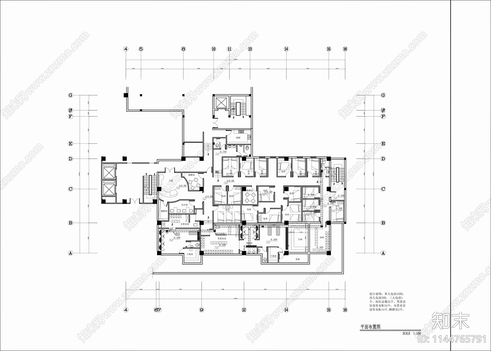 800㎡桑拿水疗洗浴中心室内cad施工图下载【ID:1144765791】