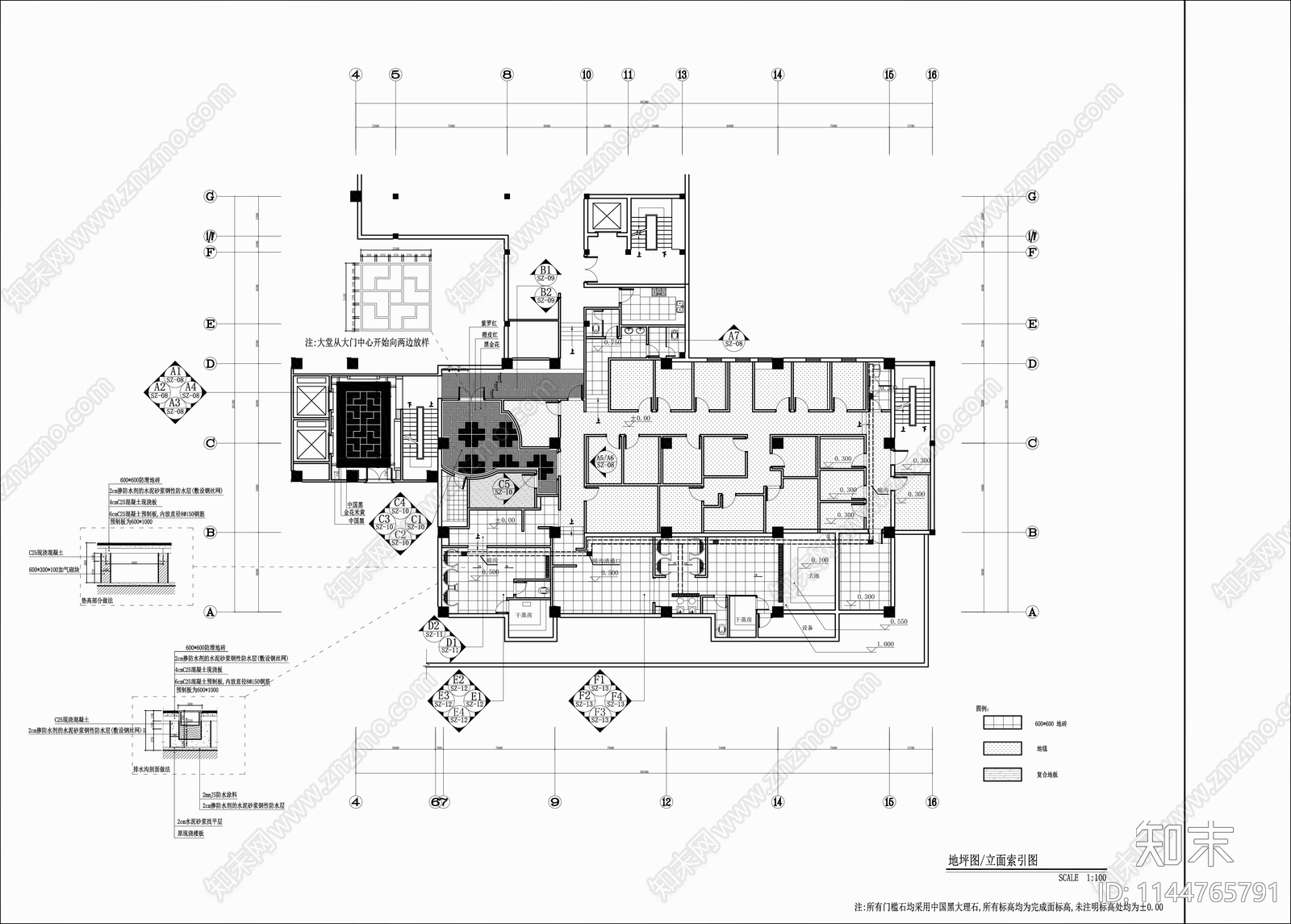 800㎡桑拿水疗洗浴中心室内cad施工图下载【ID:1144765791】