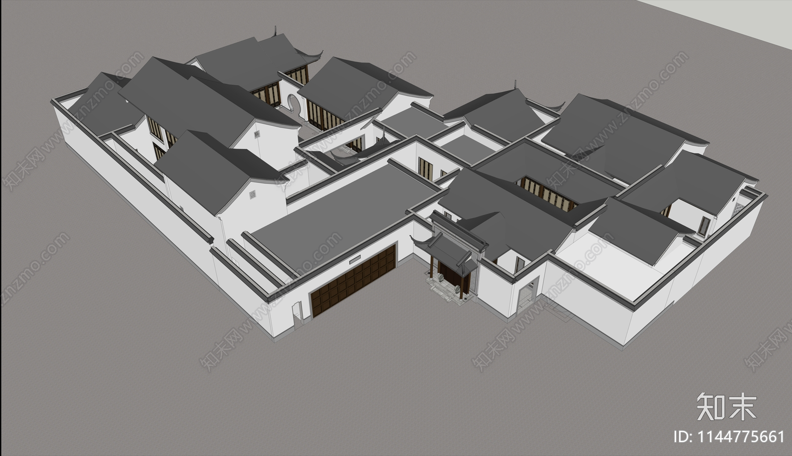 中式大户型四合院建筑SU模型下载【ID:1144775661】