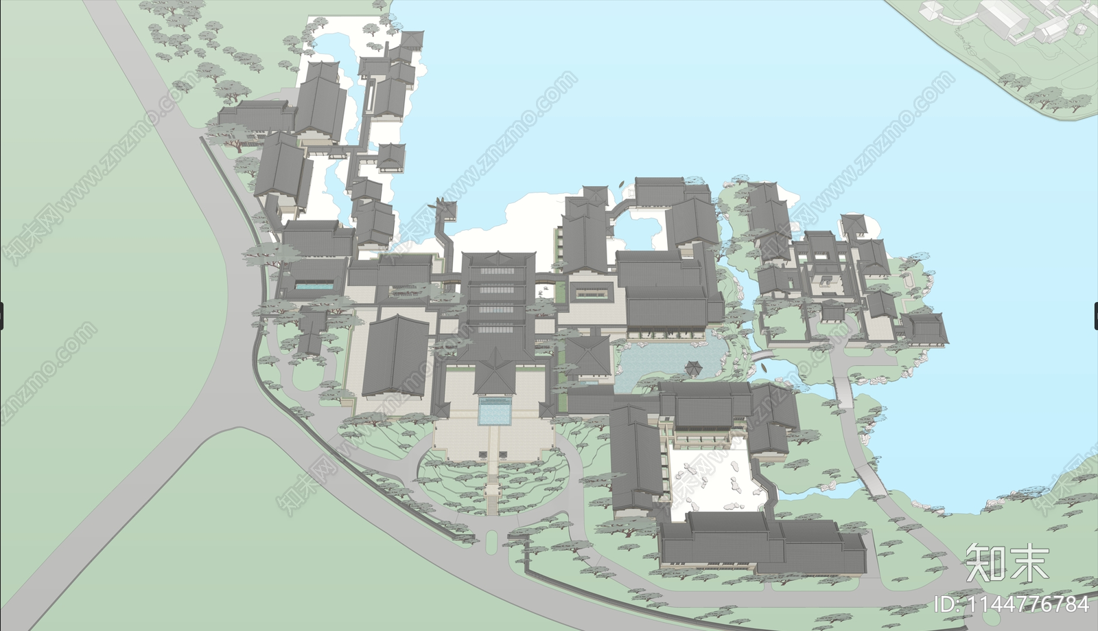 中式滨水酒店SU模型下载【ID:1144776784】