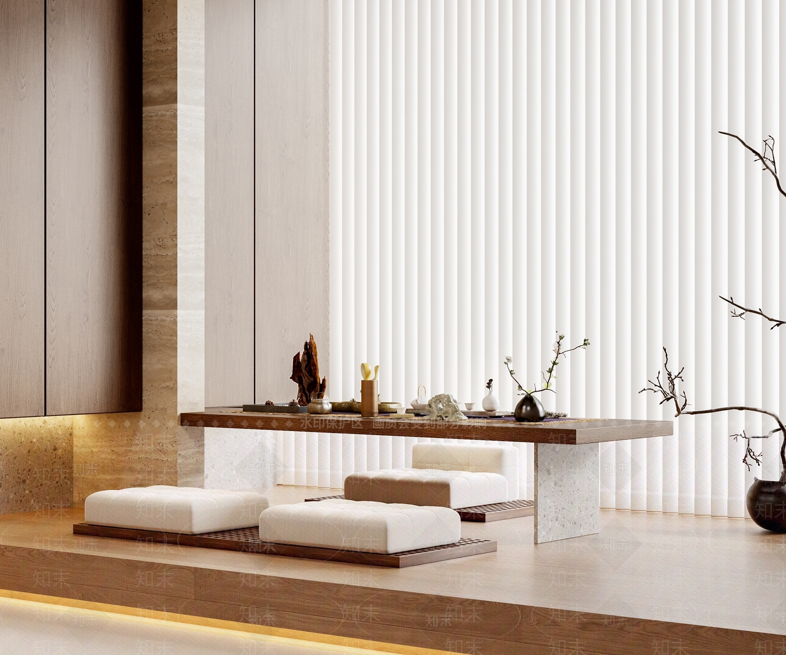 现代榻榻米茶桌椅组合3D模型下载【ID:1144778172】