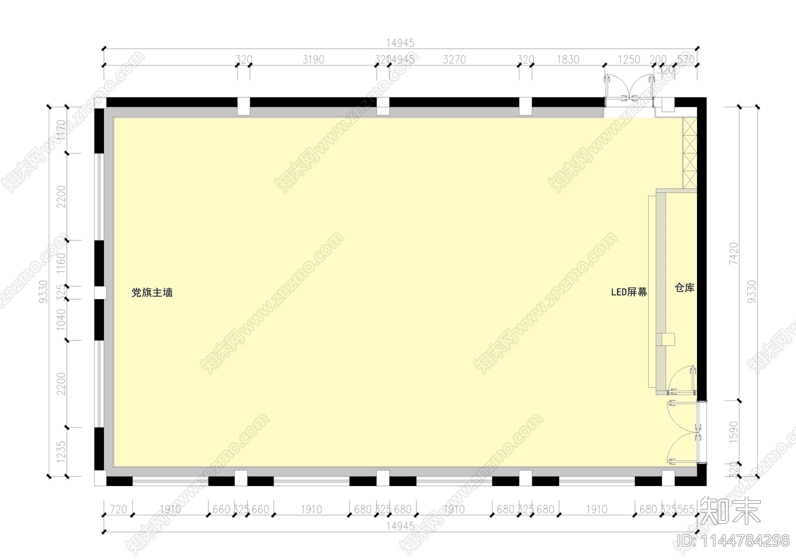 党员活动室室内cad施工图下载【ID:1144784298】