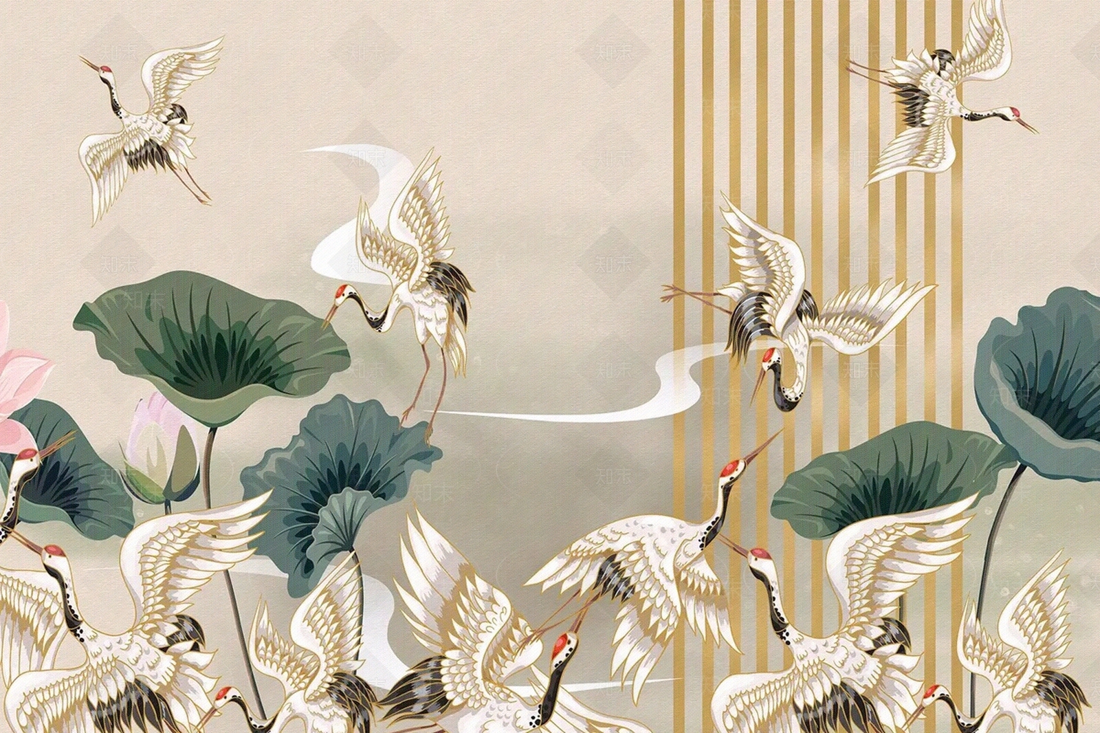 艾莎壁画新中式鹤鸟电视背景墙布荷叶莲花客厅沙发卧室壁画定制贴图下载【ID:1144784420】