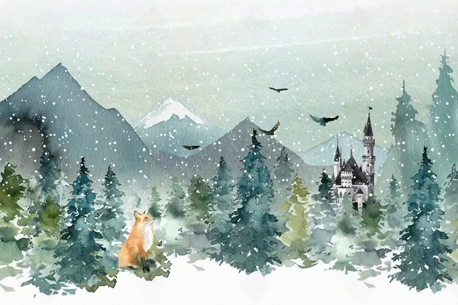 艾莎壁画水彩冬季风景壁纸壁画儿童房卡通狐狸卧室背景墙布定制贴图下载【ID:1144784596】