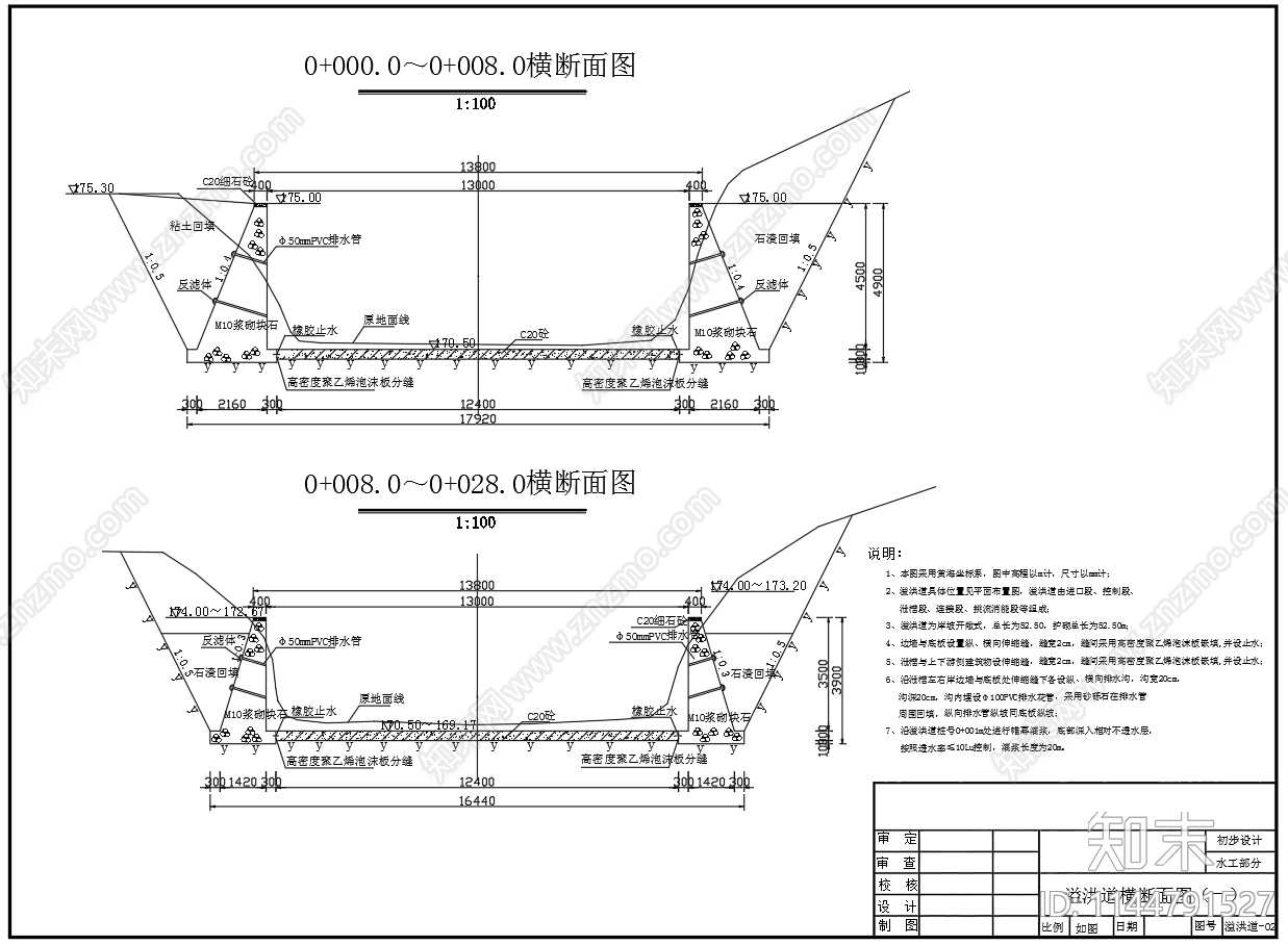 溢洪道平面断面cad施工图下载【ID:1144791527】