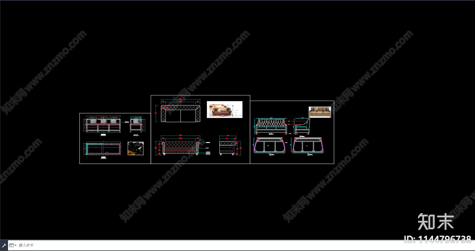 多人沙发三视图cad施工图下载【ID:1144796738】
