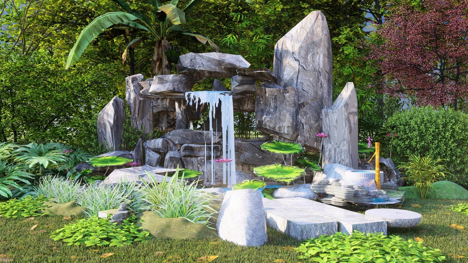 新中式假山叠石跌水景观SU模型下载【ID:1144811085】