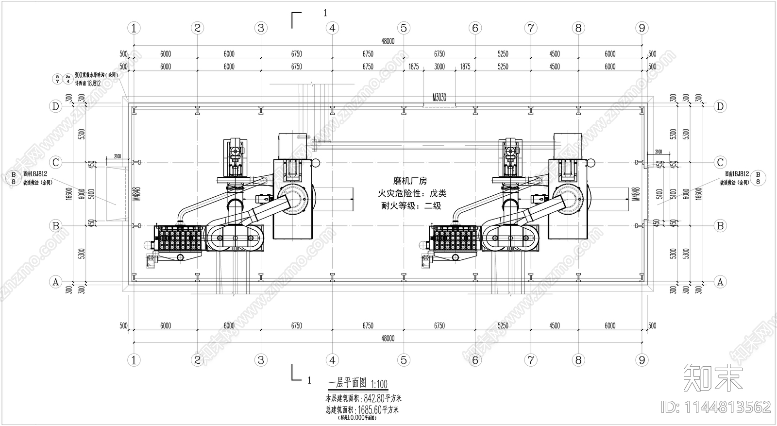 粉磨机厂房建筑cad施工图下载【ID:1144813562】