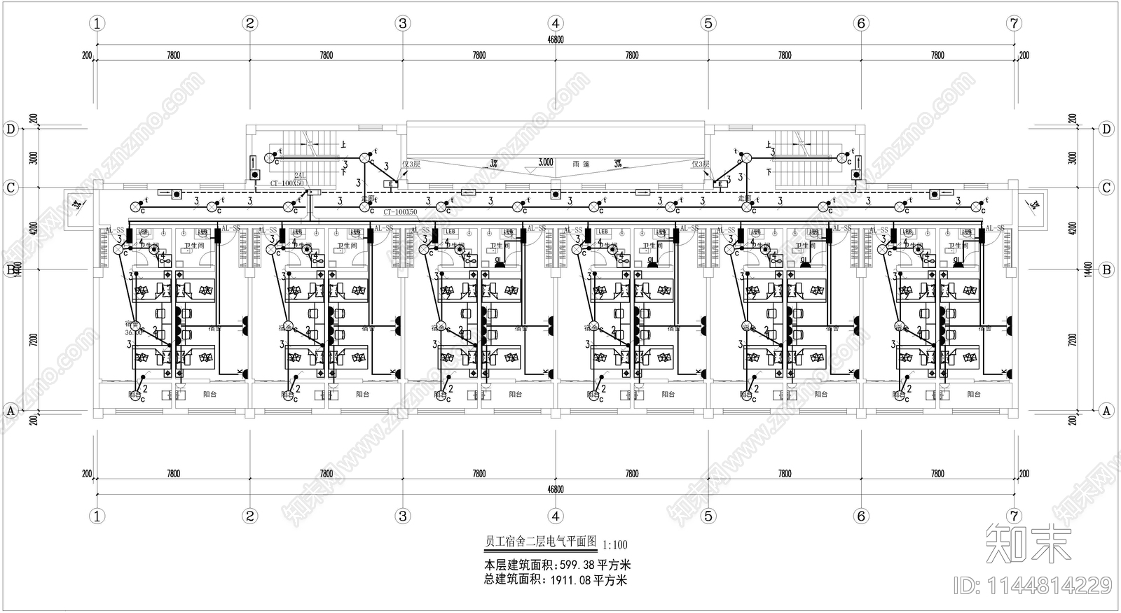 员工宿舍建筑cad施工图下载【ID:1144814229】