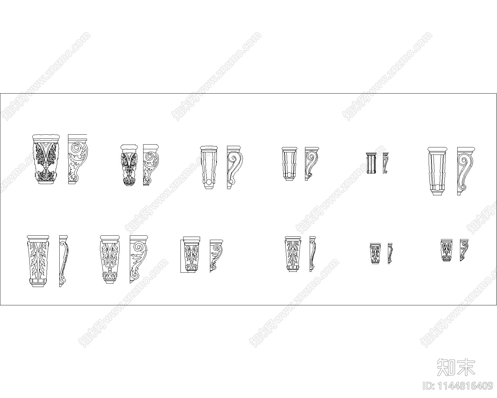 雕刻柱罗马柱头雕花施工图下载【ID:1144816409】